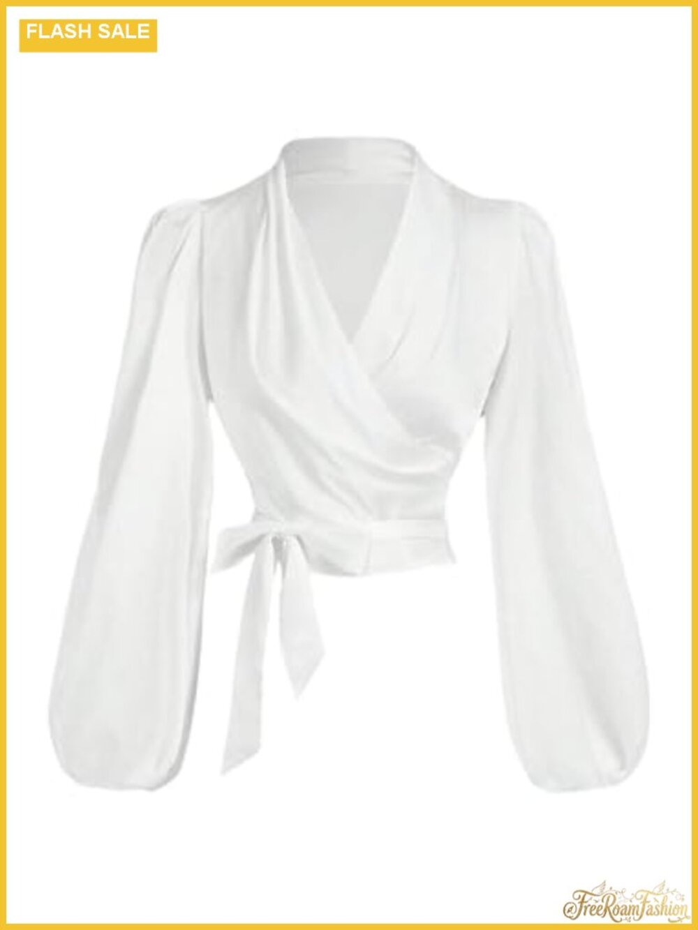 Women's Long Sleeve Wrap Crop Top V-Neck Tie Front Bishop Sleeve Blouse